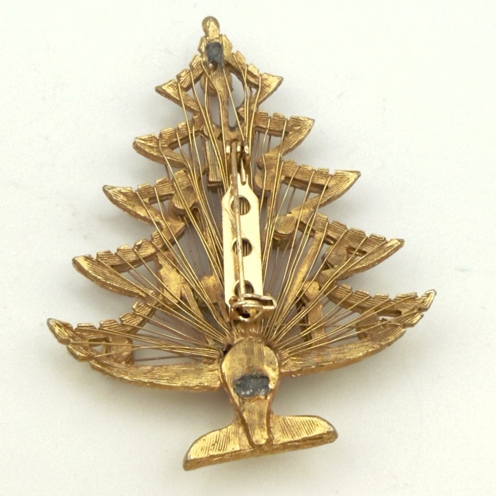 Vintage Gold Tone Multi Color Rhinestone Christmas Tree Brooch Pin Mid Century - Picture 3 of 9